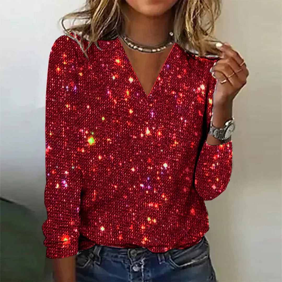 Women's Sparkle V-Neck Top - Shimmering and Stylish Blouse for Evening Wear