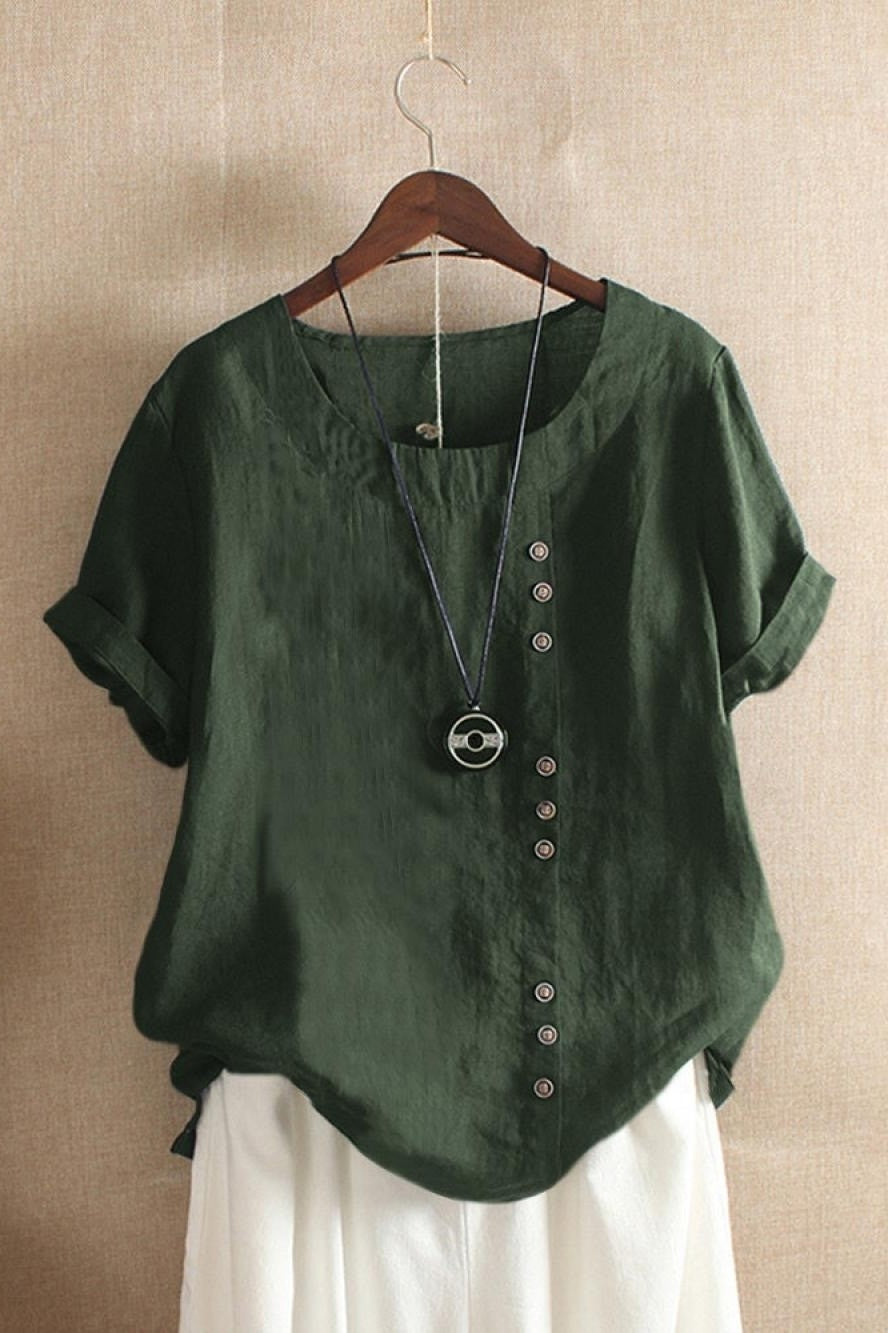 Women's Round Neck Solid Color Button-Down Short Sleeves Blouse