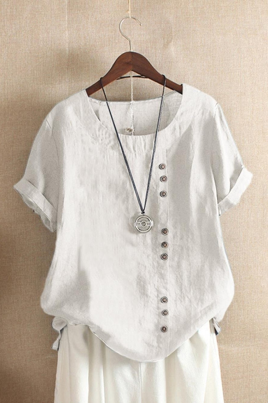 Women's Round Neck Solid Color Button-Down Short Sleeves Blouse