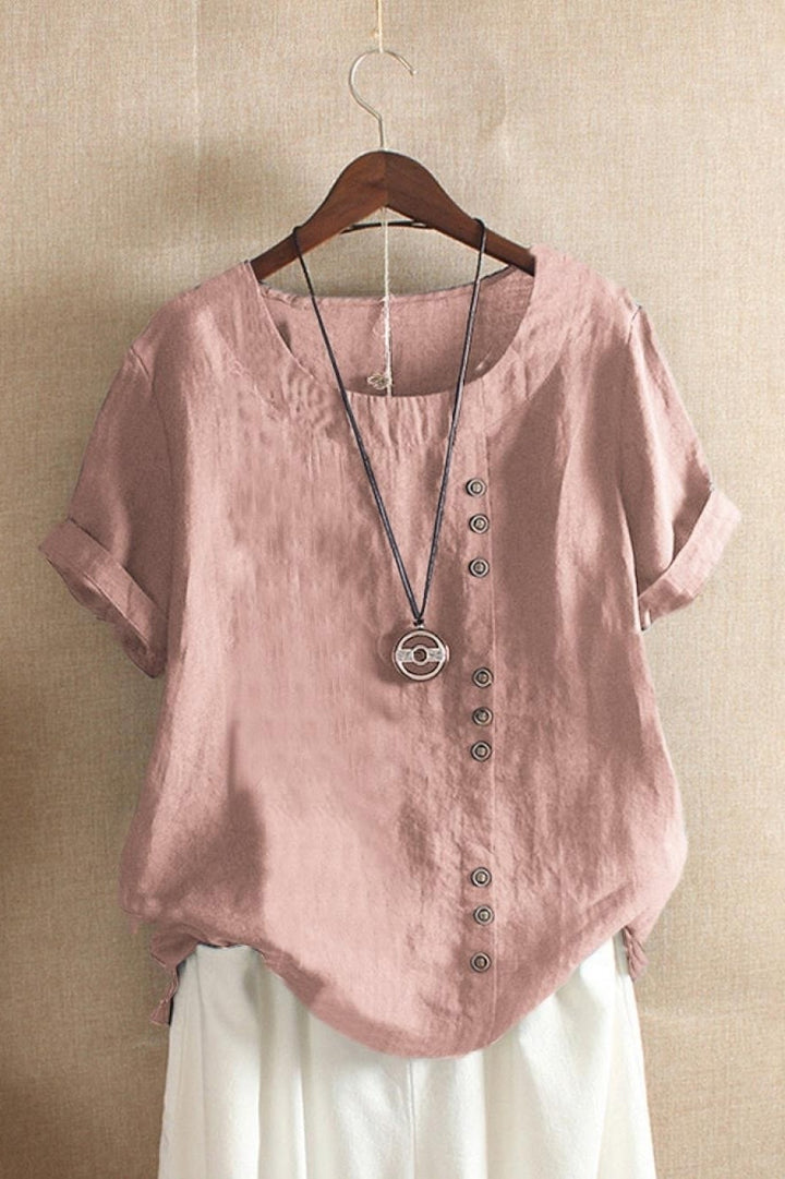 Women's Round Neck Solid Color Button-Down Short Sleeves Blouse