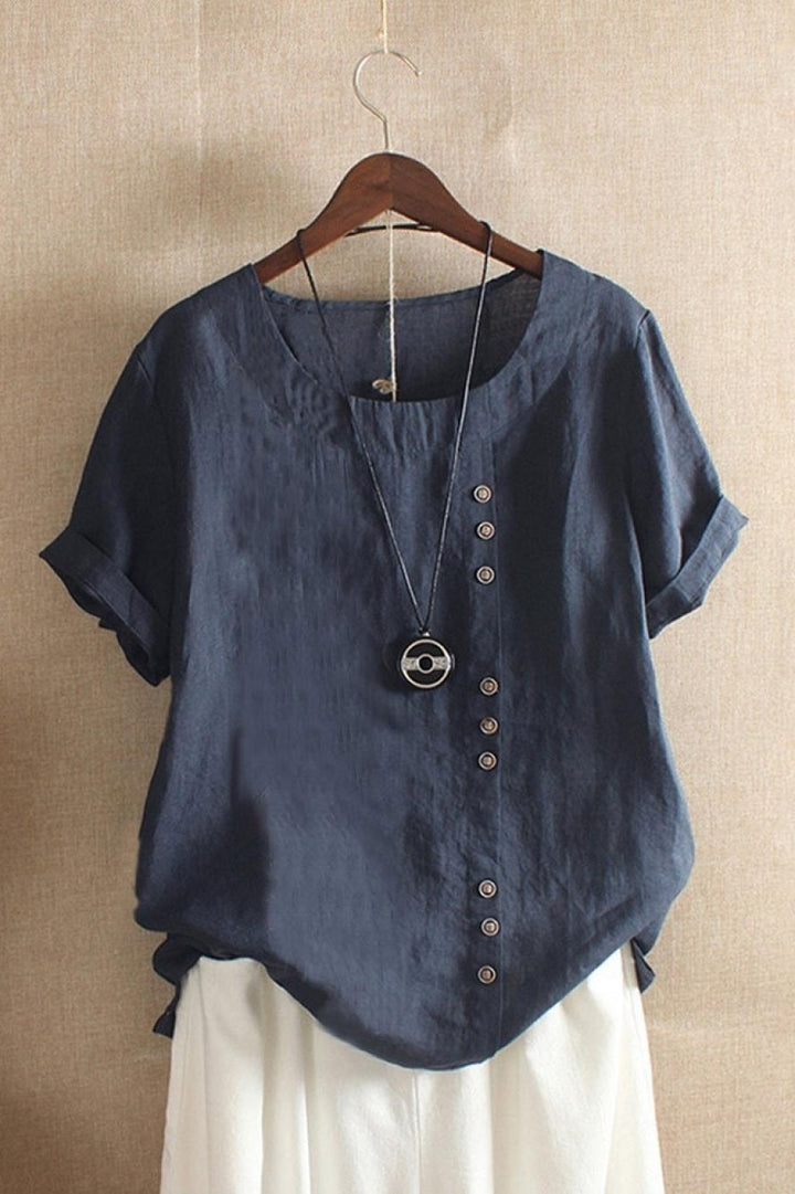 Women's Round Neck Solid Color Button-Down Short Sleeves Blouse