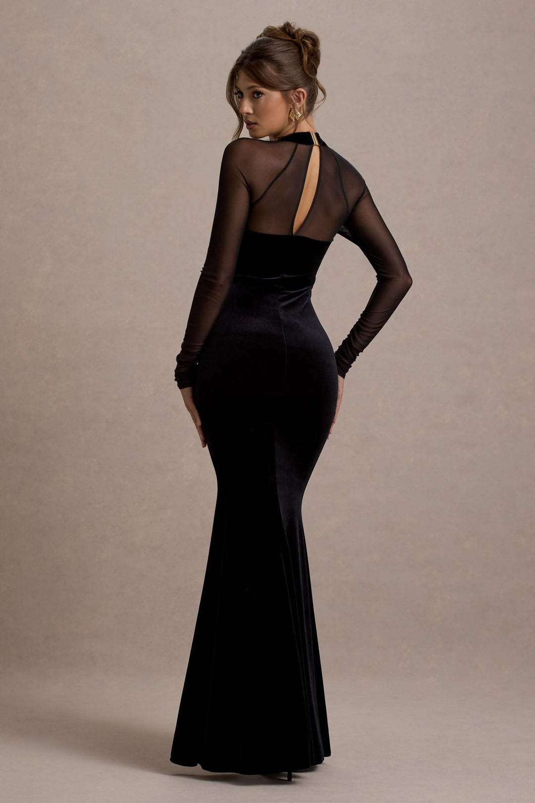 Black Velvet Bodycon Split Maxi Dress with Sheer Sleeves – Elegant Evening Dress for Women