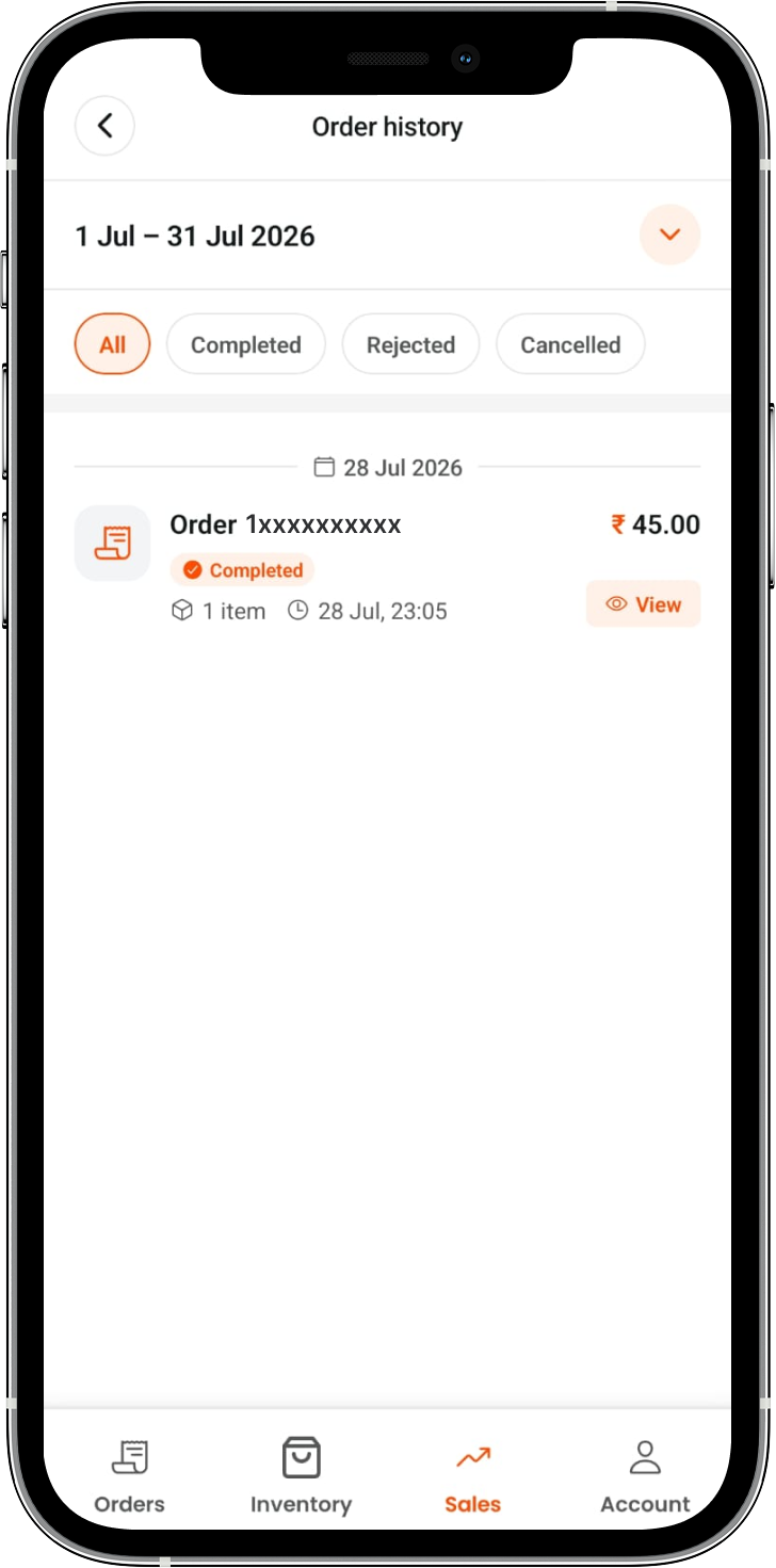 Vendor app — Order History page